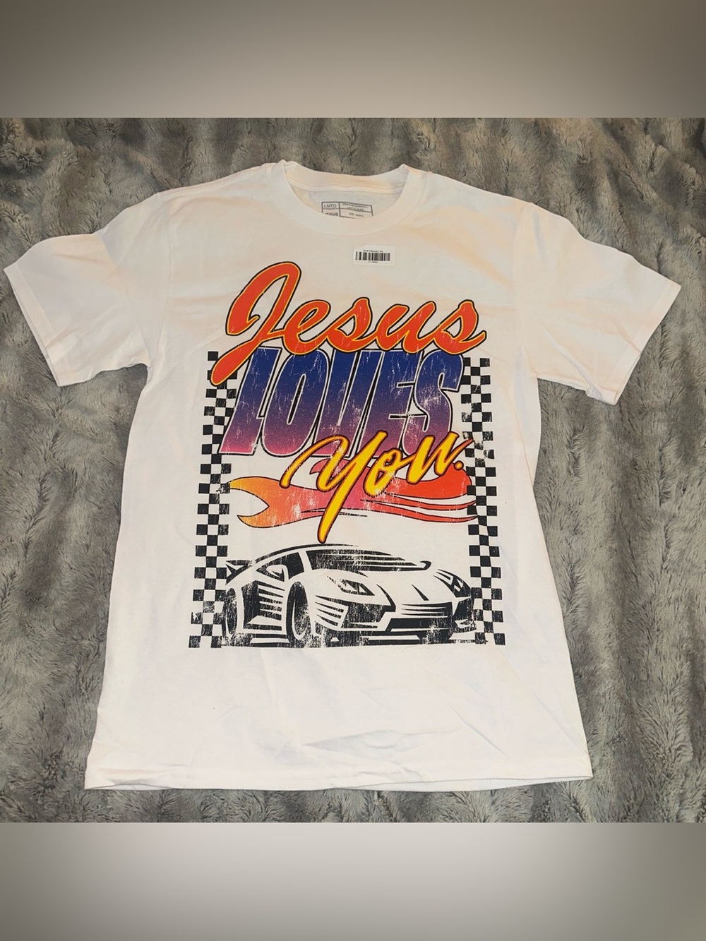 BRAND NEW men’s small ‘Jesus Loves You’ white race car t-shirt